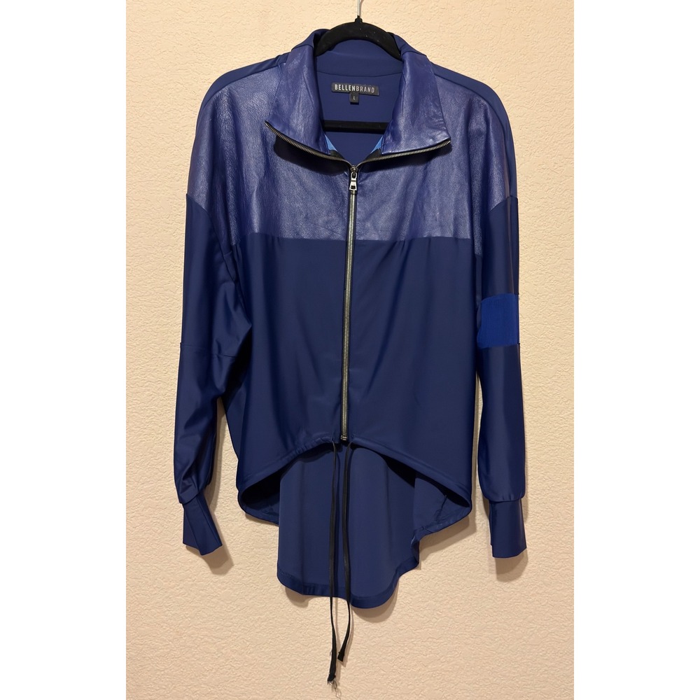 Bellenbrand Blue Leather Contrast Zip Up Jacket Large Made in LA Athleisure Mesh